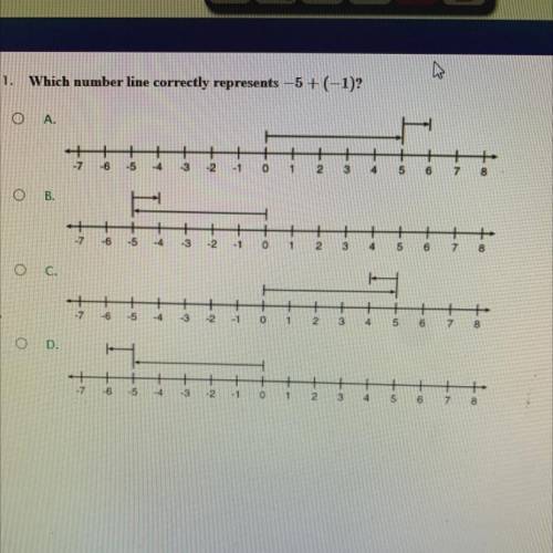 1. Which number line correctly represents -5+(-1)?
