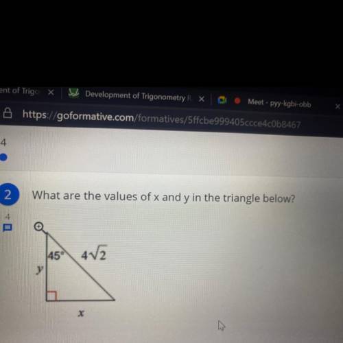 What are the values of x and y in the triangle