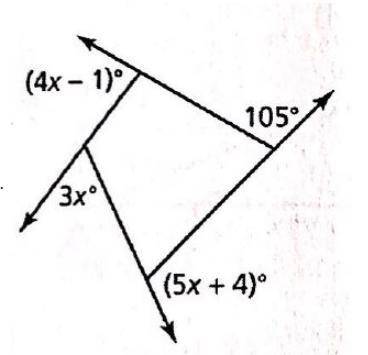List the three missing angle measures. 
x=
3x=
4x-1=
5x+4=