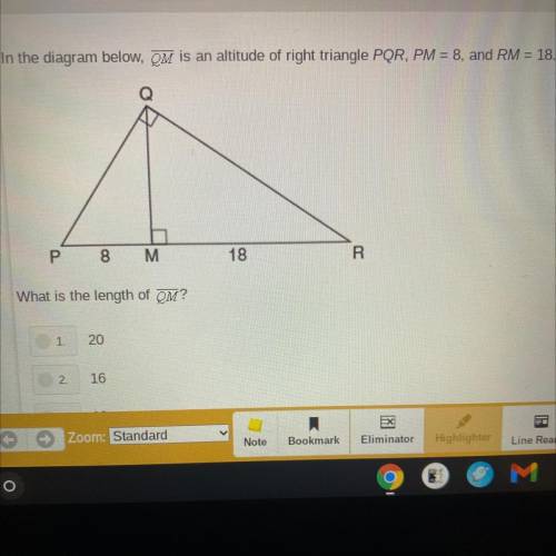 In the diagram below, ON is an altitude of right triangle PQR, PM = 8, and RM = 18.

What is the l