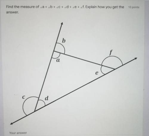 Pleasee help me! Find the measure of <a + <b + <c + <d + <e + <f. Explain