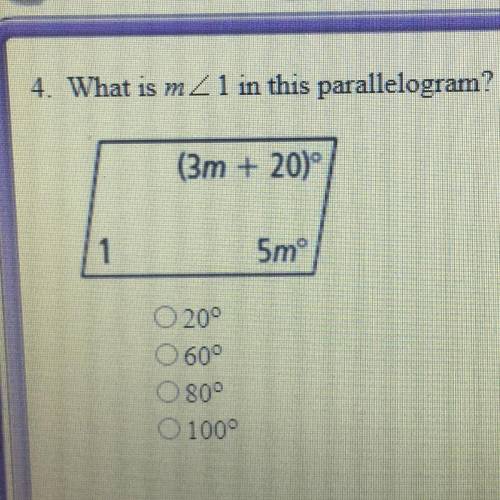 What is M angle 1 in this parallelogram 
20 
80 
60 
100