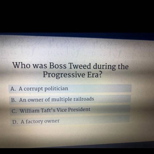 Who was Boss Tweed during the

Progressive Era?
A. A corrupt politician
B. An owner of multiple ra