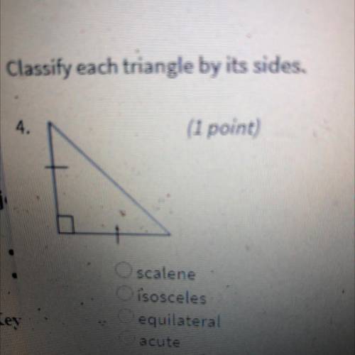 Classify each triangle by its sides.
1)scalene
2)isosceles
3)equilateral
4)acute