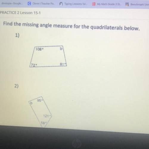 Find the missing angle measure for the quadrilaterals below.