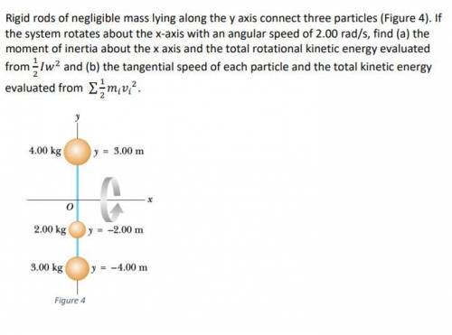 Rigid rods of negligible mass lying along the y axis connect three particles. If

the system rotat