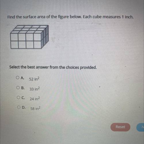 Find the surface area of the figure below. Each cube measures 1 inch.

Select the best answer from