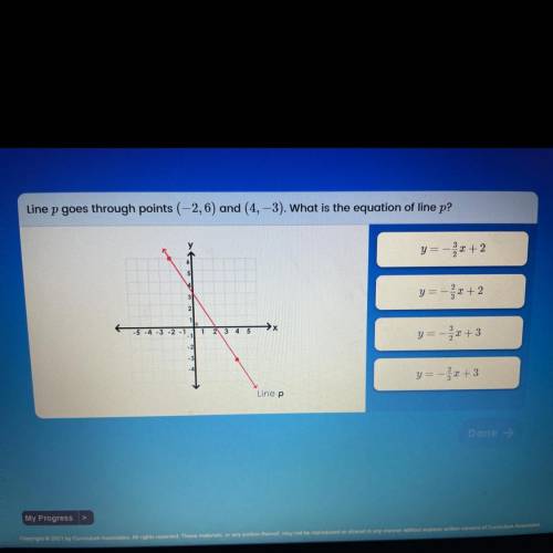 Line p goes through points (-2,6) and (4, -3). What is the equation of line p?