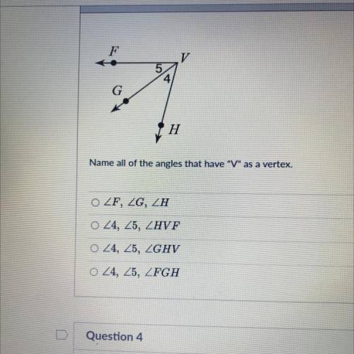 Name all of the angles that have V as a vertex.