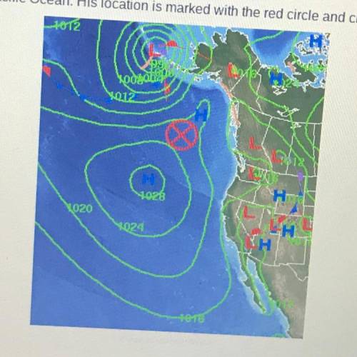 Edgar is on a fishing boat on the Pacific Ocean. His location is marked with the red circle and cro