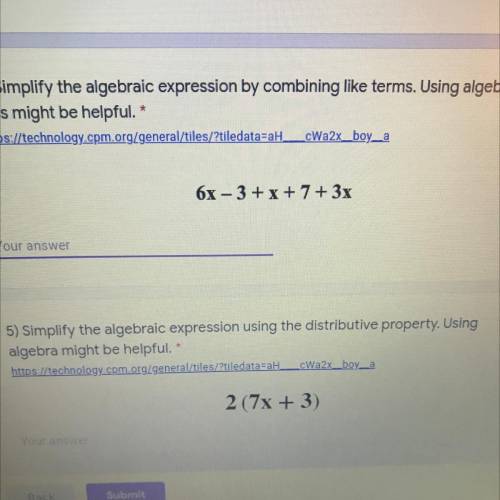 Simplify the algebraic expression by combining like terms.