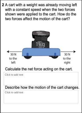 A cart with the weight was already moving lefgt with a constant speed when the two forces shown wer