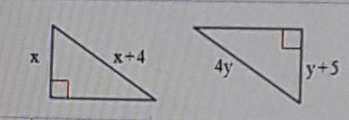 For what values of x and y are the triangles congruent by HL