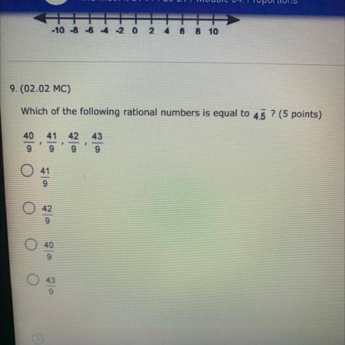 Which of the following rational numbers is equal to 4.5 with a line over 5?

41/9, 41/9, 42/9, 43/