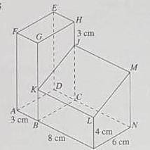 Diagram shows the composite solid formed by a cuboid and a right prism. Trapezium LMNP is the unifo