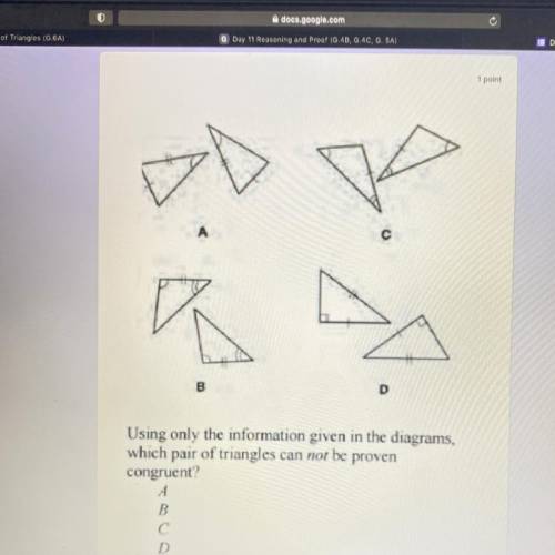 Using only the information given in the diagrams,

which pair of triangles can not be proven congr