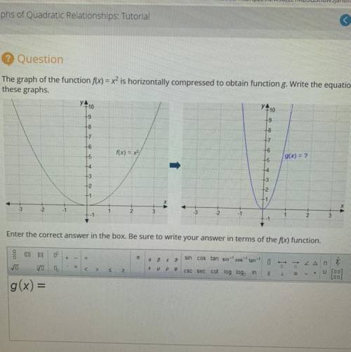 The graphs of the function f(x)=x^2 is horizontally compressed to obtain function g. Write the equa