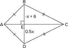 In kite ABCD, BE = –x + 6 and ED = 0.5x. Determine the value of x in the kite shown.

Question 5 o