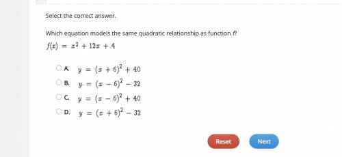 Which equation models the same quadratic relationship as function f(x) = x2 + 12x + 4
