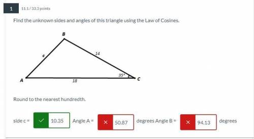Find the unknown sides and angles of this triangle using the Law of Cosines.

Round to the nearest
