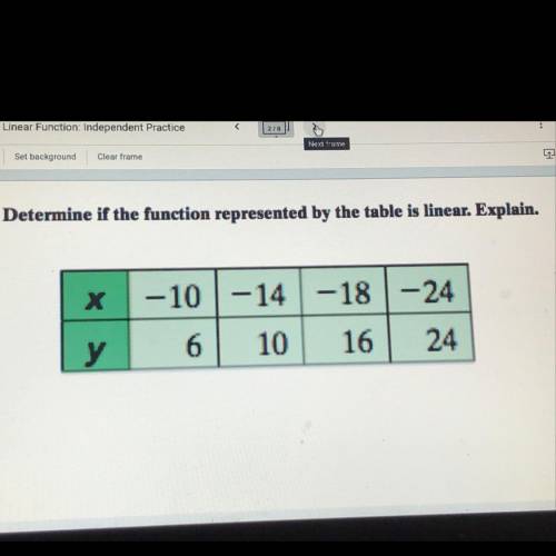 Determine if the function represented by the table is linear. Explain.

х -10 -14 -18-24
у 6 10 16
