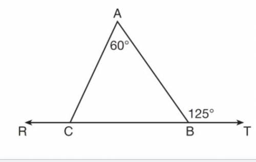 In the diagram below, line RCBT and △ABC are shown with m∠A = 60 and m∠ABT = 125. What is the m∠ACR