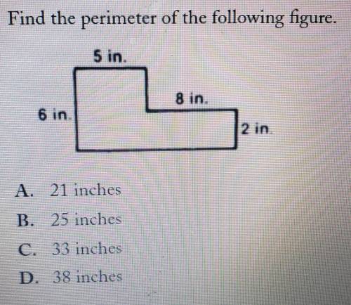 Find the perimeter of the following figure.

A. 21 inches B. 25 inches C. 33 inches D. 38 inches