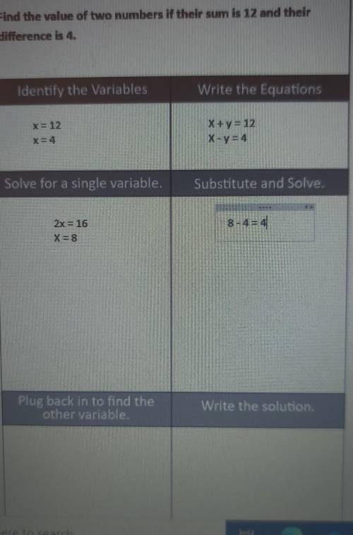 Find the value of two numbers if their sum is 12 and their difference is 4