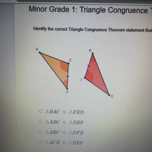 Identify the correct Triangle Congruence Theorem statement that describes the figure below.

Ο BAC