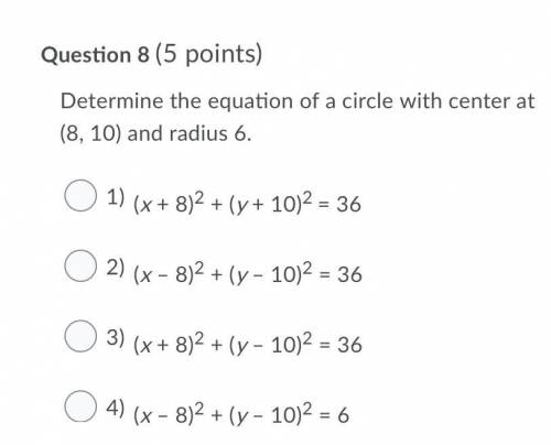 Determine the equation of a circle with center at (8, 10) and radius 6.