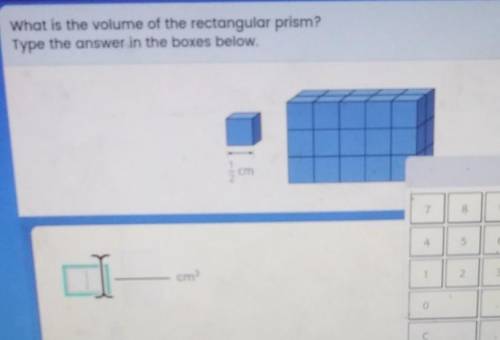What is the volume of the rectangular prism? Type the answer in the boxes below. Icm cm?