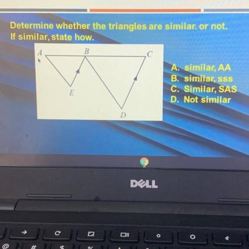 Determine whether the triangles are similar. or not.

If similar, state how.
A. similar, AA
B. sim