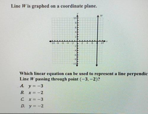 Which linear equation can be used to represent a line perpendicular to Line W passing through point