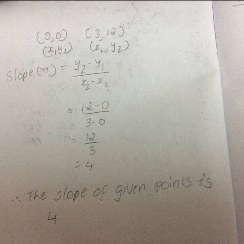 Using the slope formula, find the slope through the points (0 0) and (3 12)
