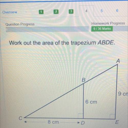 Work out the area of the trapezium ABDE.
I
B
9 cm
6 cm
8 cm
E