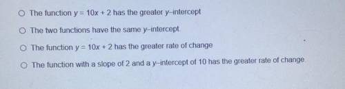 Consider the linear function y= 10x + 2 and the linear function with a slope of 2 and a y-intercept