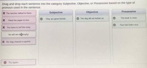 Drag and drop each sentence into the category Subjective, Objective, or Possessive based on the typ