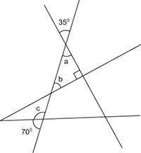 1.

(05.05 MC) 
What are the measures of Angles a, b, and c? Show your work and explain your answe