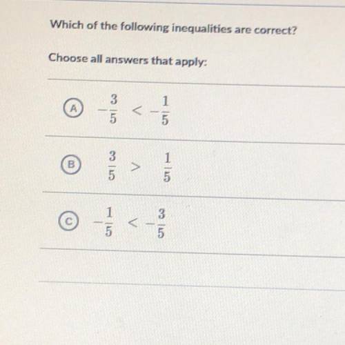 Which of the following inequalities are correct?

Choose all answers that apply:
A -3/5 <-1/5