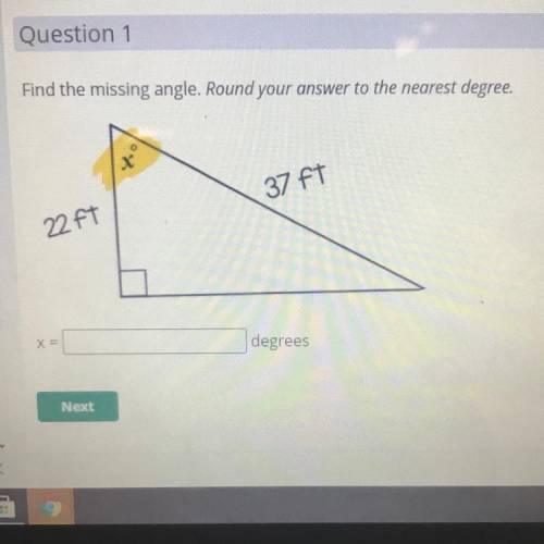 Find the missing angle. Round your answer to the nearest degree.

37 FT
22 ft
f
x=
degrees
1
