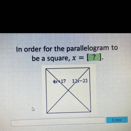In order for the parallelogram to
be a square, x = [ ? ].