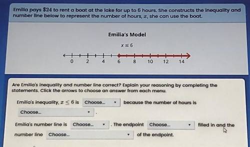 Emilia pays $24 to rent a boat at the lake for up to 6 hours she constructs the inequality and numb