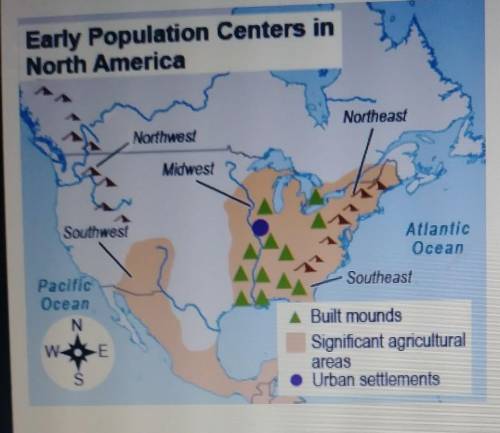 According to the map, where did American Indians develop urban settlements? O Southwest O Northeast
