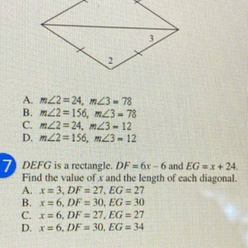 DEFG is a rectangle. DF=6x-6 and EG=x+24. find the value of X in the length of each diagonal￼￼