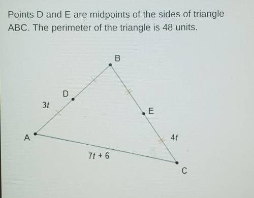 Points D and E are midpoints of the sides of triangle ABC. The perimeter of the triangle is 48 unit