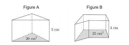 For the two figures below, the base area and the heights have been provided. Find the volume of bot