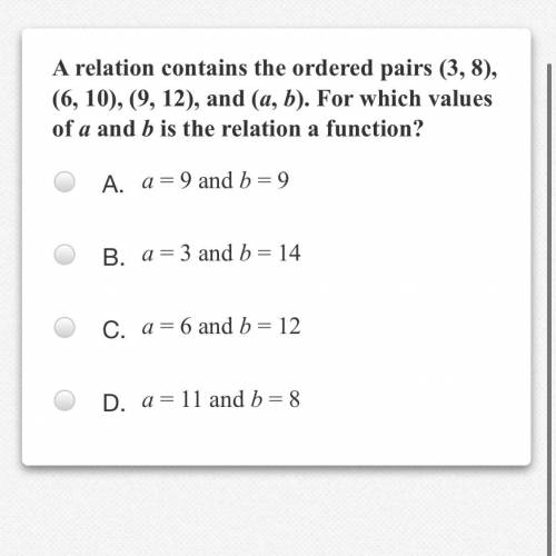 For which values of A and B is relation a function?
I think It’s D but i need to be sure