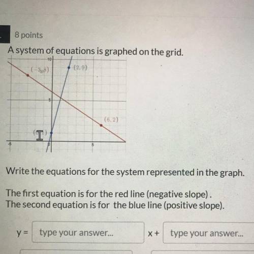 A system of equations is graphed on the grid.

Write the equations for the system represented in t