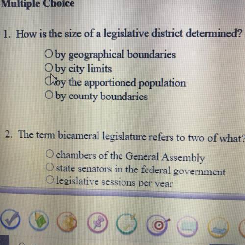 How is the size of a legislative district determined?

O by geographical boundaries
Oby city limit