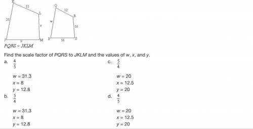 Find the scale factor of PQRS to JKLM and the values of w, x, and y.